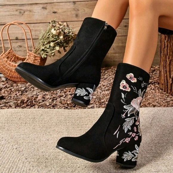 Embroidered Mid-Calf Boots,Thick Heel  Boots,Embroidered Slim Elastic Boots - Picture 1 of 6